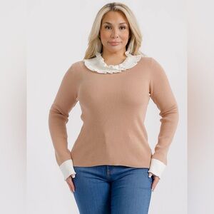 Ruffled Collar Long Sleeve Sweater Top - Camel/White